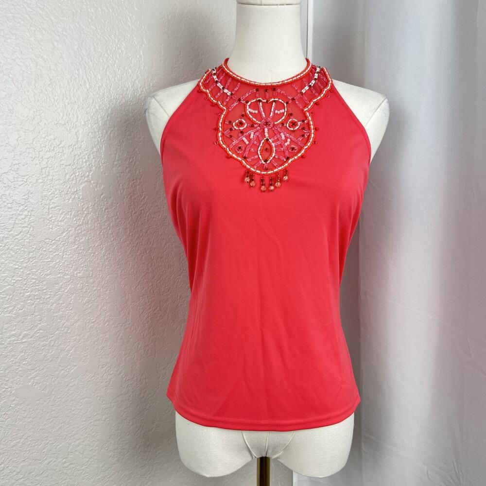 VTG Cache Top Womens Small Coral Beaded Embellished Tank Y2K Boho Vacation‎